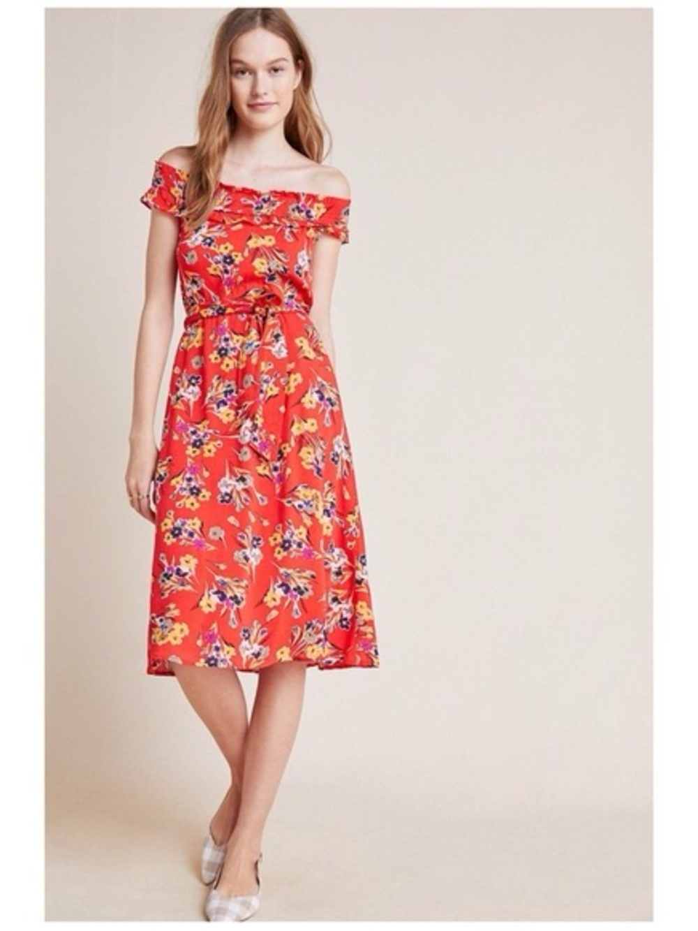 Anthropologie Off-Shoulder Red Floral Midi Dress